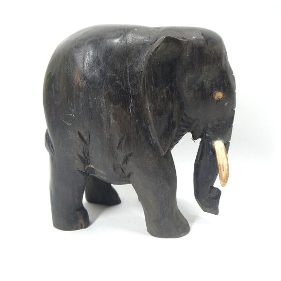 Hand Carved Wooden Elephant Figurine Vintage 4.75" Tall - Picture 1 of 6